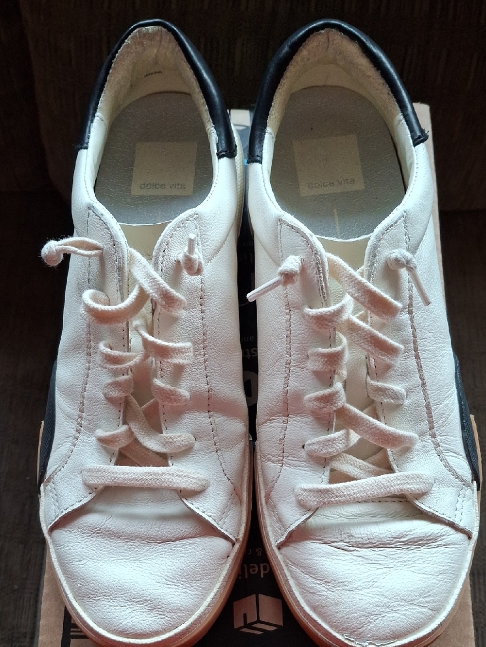 Dolce Vita Womans White Leather Sneakers with Black Collar